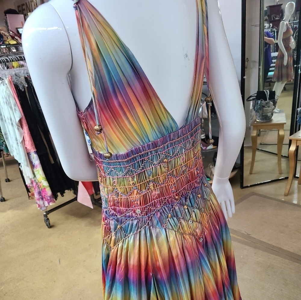 💥RUNWAY Matthew Williamson 100% Silk Colorful Beaded Embroidered Dress Size 6 - Picture 7 of 16